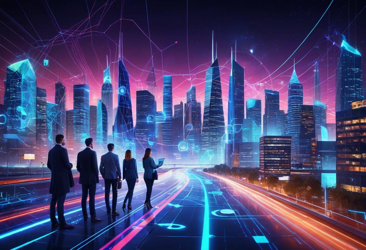 A dynamic cityscape at night with glowing digital connections linking buildings, highlighting the reach of expert SEO and digital marketing services. Include a diverse team of professionals analyzing vibrant charts and graphs on high-tech devices. Create a sense of progress and innovation. super-realistic. vibrant colors. futuristic style.