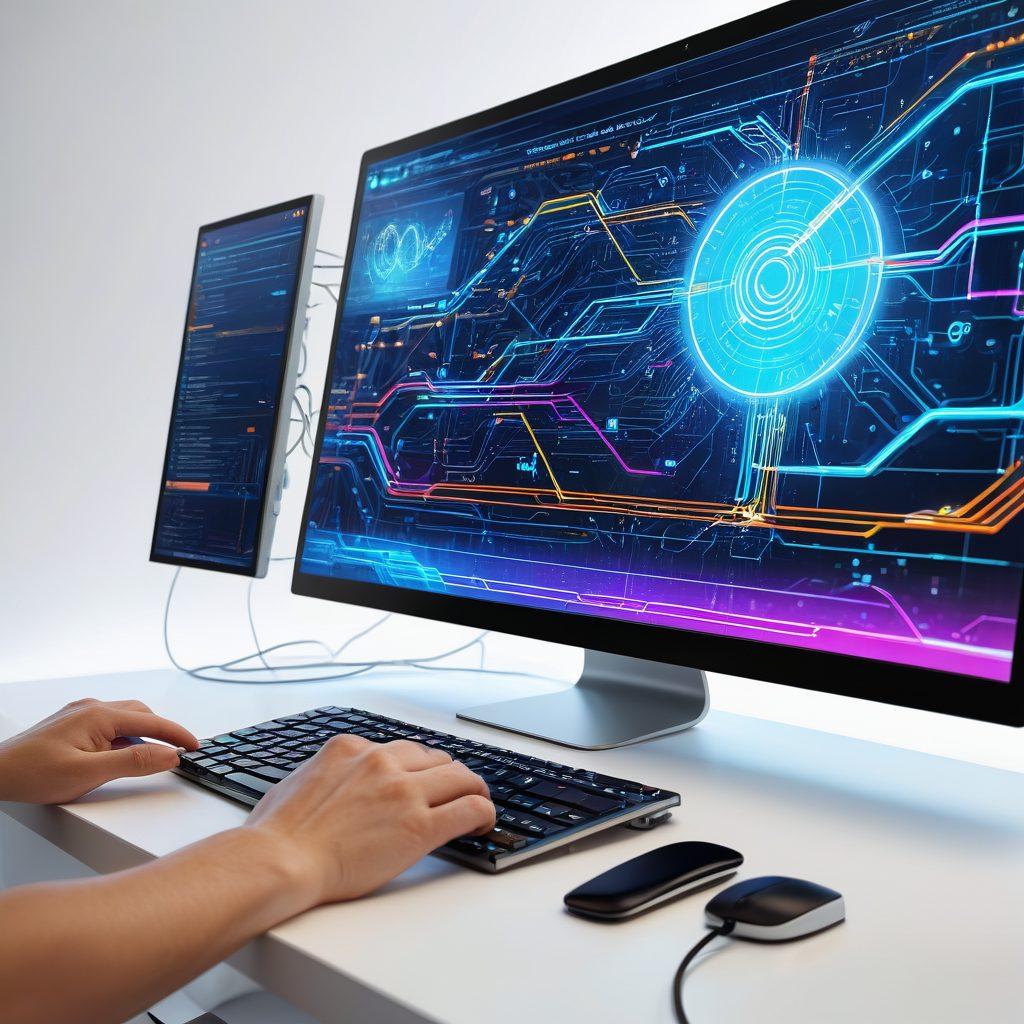 A sleek and modern computer screen displaying a beautifully designed, vibrant website interface. The background features subtle, futuristic tech elements like circuit lines and digital data streams. The scene is bathed in a soft, professional light, and a designer's hand is seen making adjustments to the layout using advanced design software. super-realistic. vibrant colors. white background.